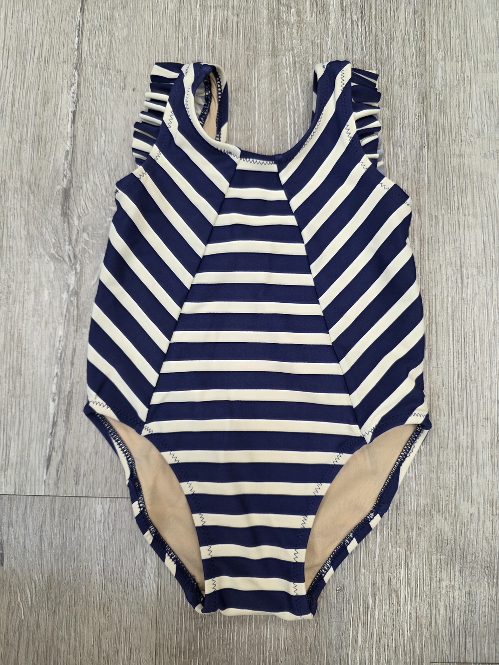 Tea Collection Navy and White Striped Ruffle-Shoulder One-Piece